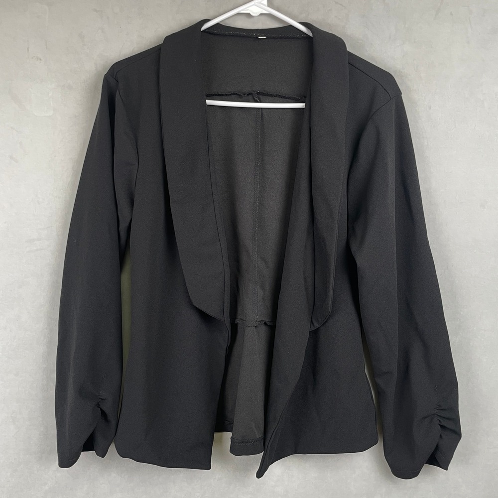 Black Open Front Blazer Ruched Shawl Collar Peplum Back Chic Office Jacket Wmn M